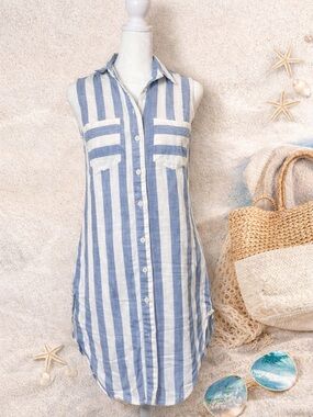 Hope & Harlow Blue White Striped Shirt Dress Sleeveless Button Front Sz 6